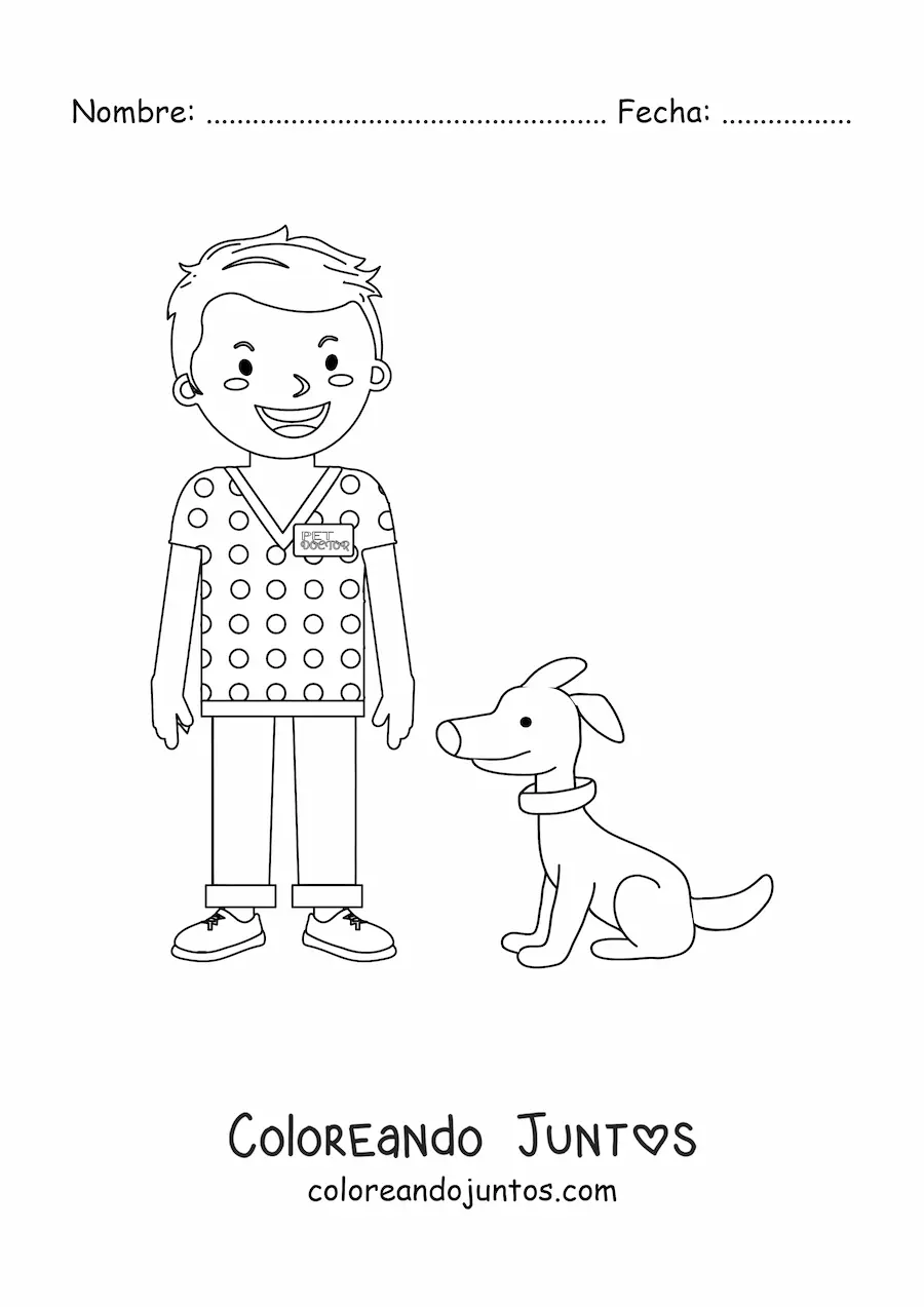 Imagen para colorear de un veterinario animado junto a un perro
