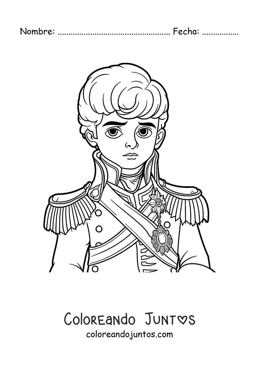 Imagen para colorear de Napoleón Bonaparte animado en su juventud