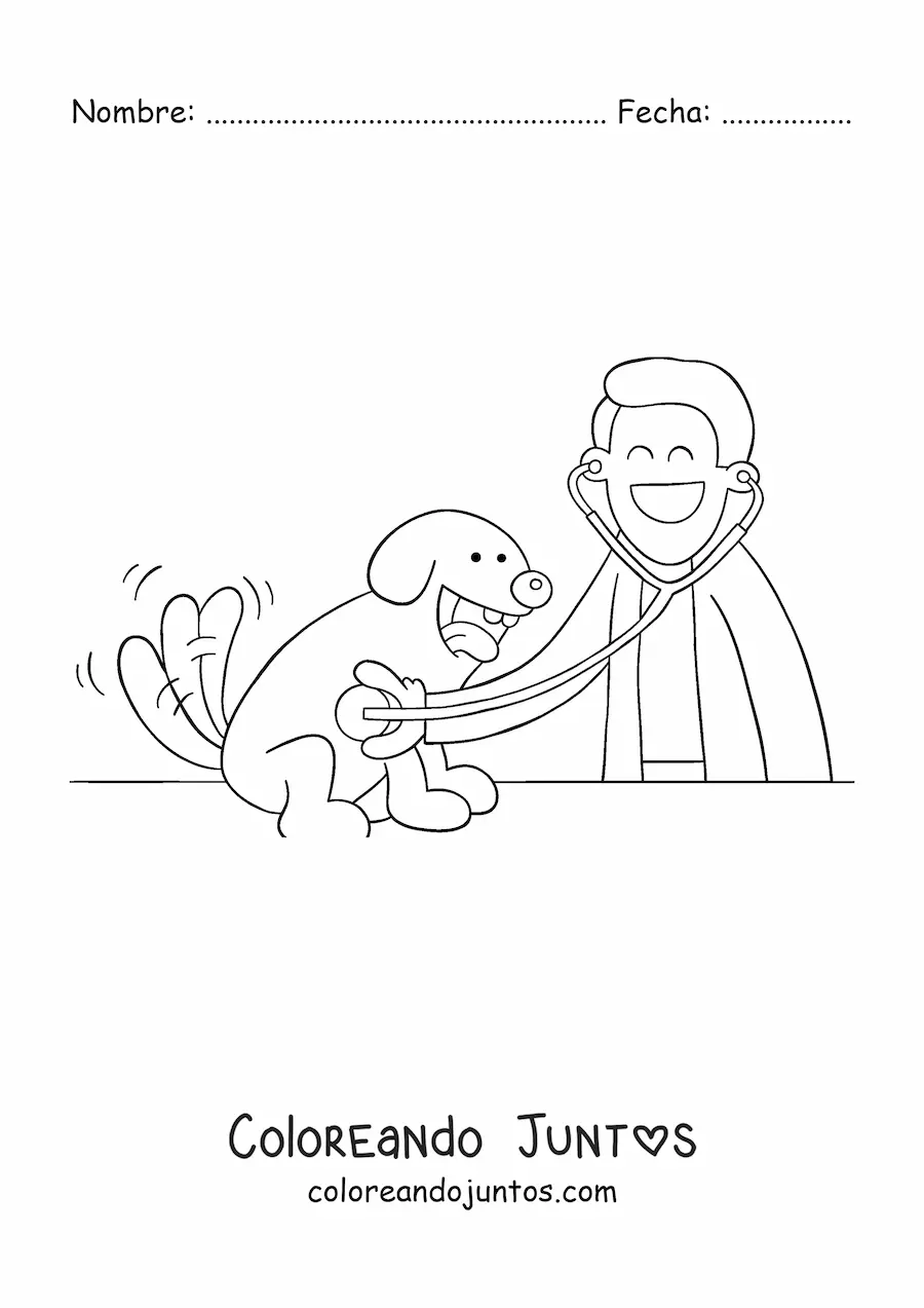 Imagen para colorear de un veterinario animado examinando a un perro