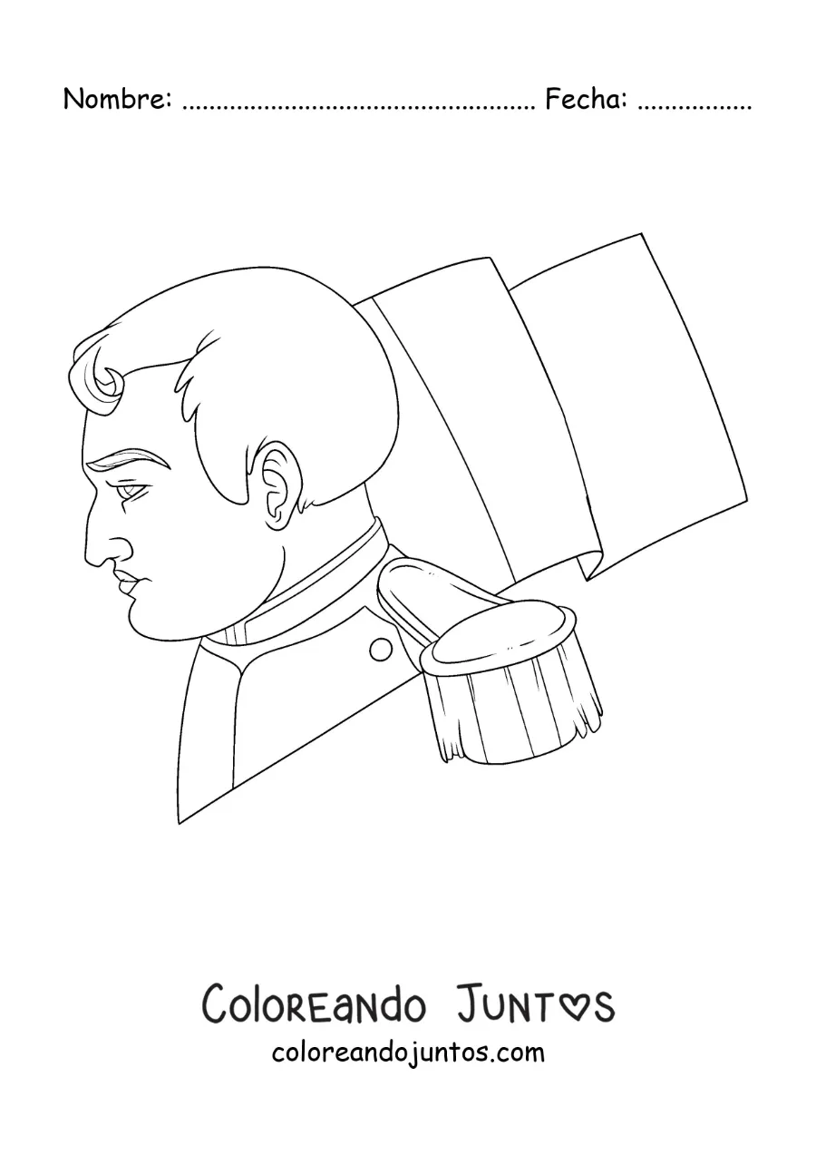 Imagen para colorear de Napoleón Bonaparte de perfil con la bandera de francia