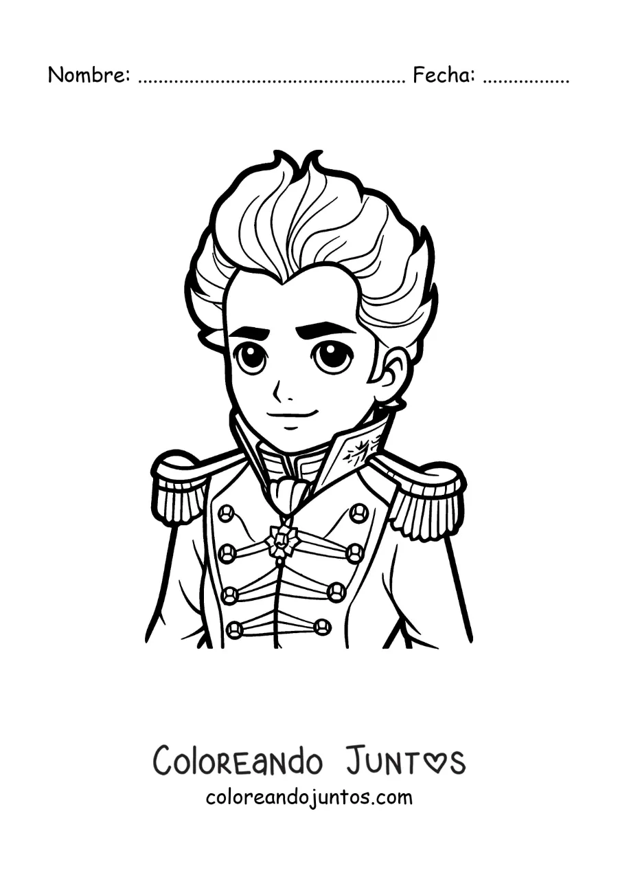 Imagen para colorear de Simón Bolívar kawaii en su juventud