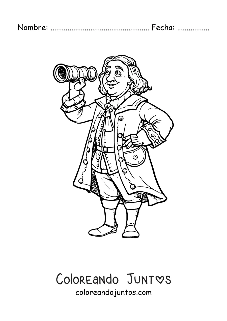 Imagen para colorear de Cristóbal Colón animado observando por un catalejo