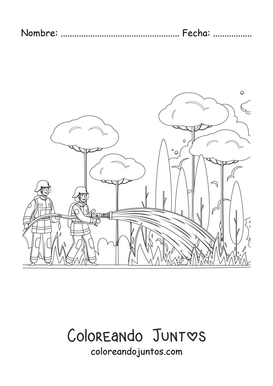 Imagen para colorear de dos bomberos apagando un incendio forestal