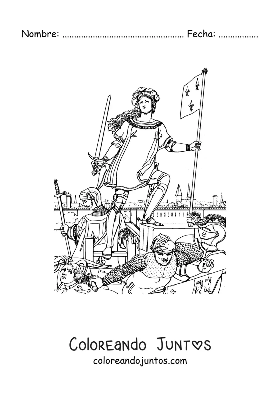 Imagen para colorear de Santa Juana de Arco en una batalla