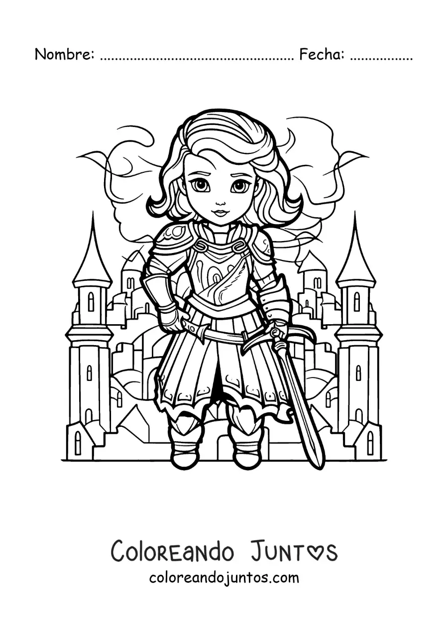 Imagen para colorear de Juana de Arco kawaii con su espada en una batalla