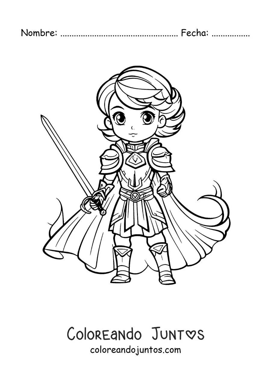 Imagen para colorear de Juana de Arco kawaii con su espada
