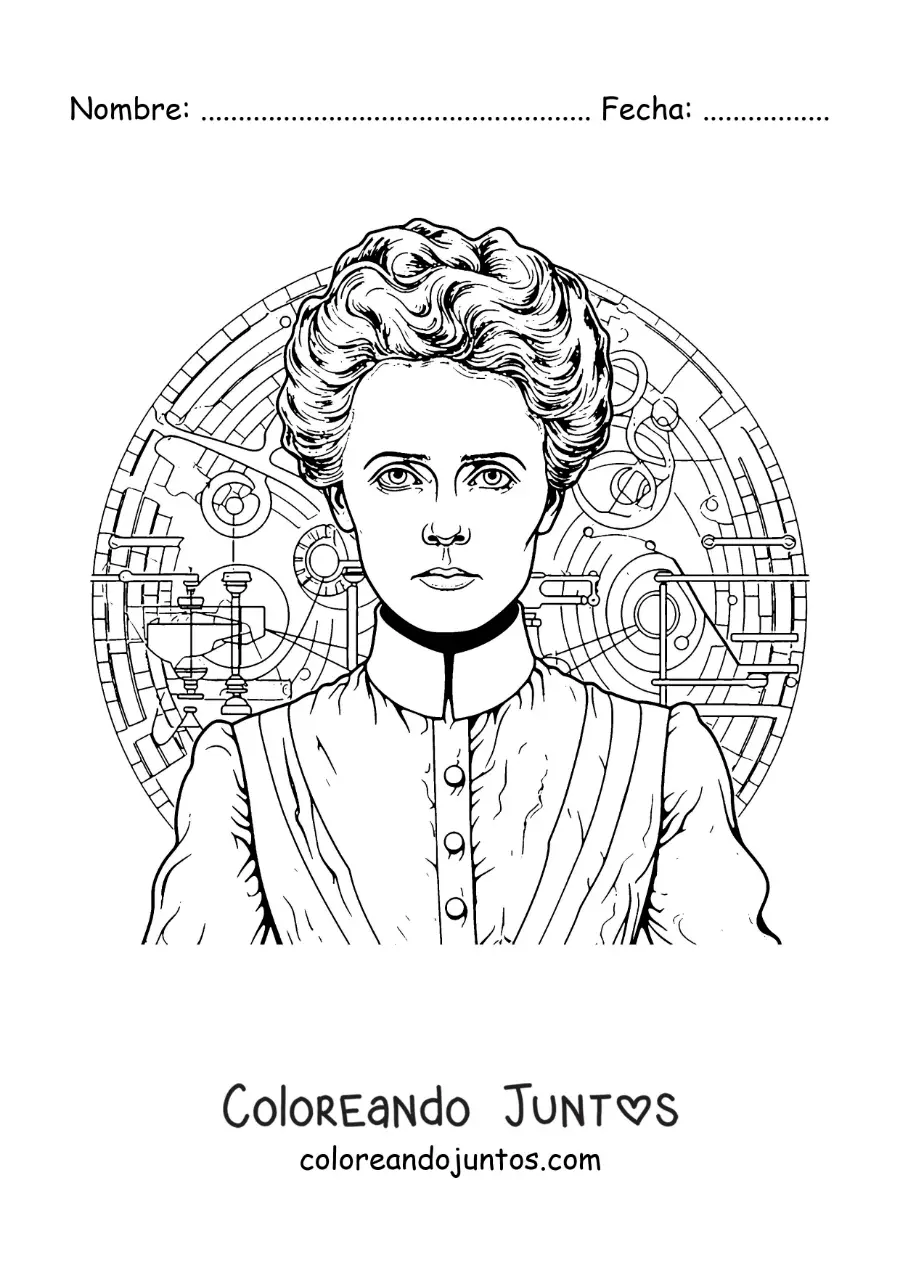 Imagen para colorear de un retrato realista de Marie Curie