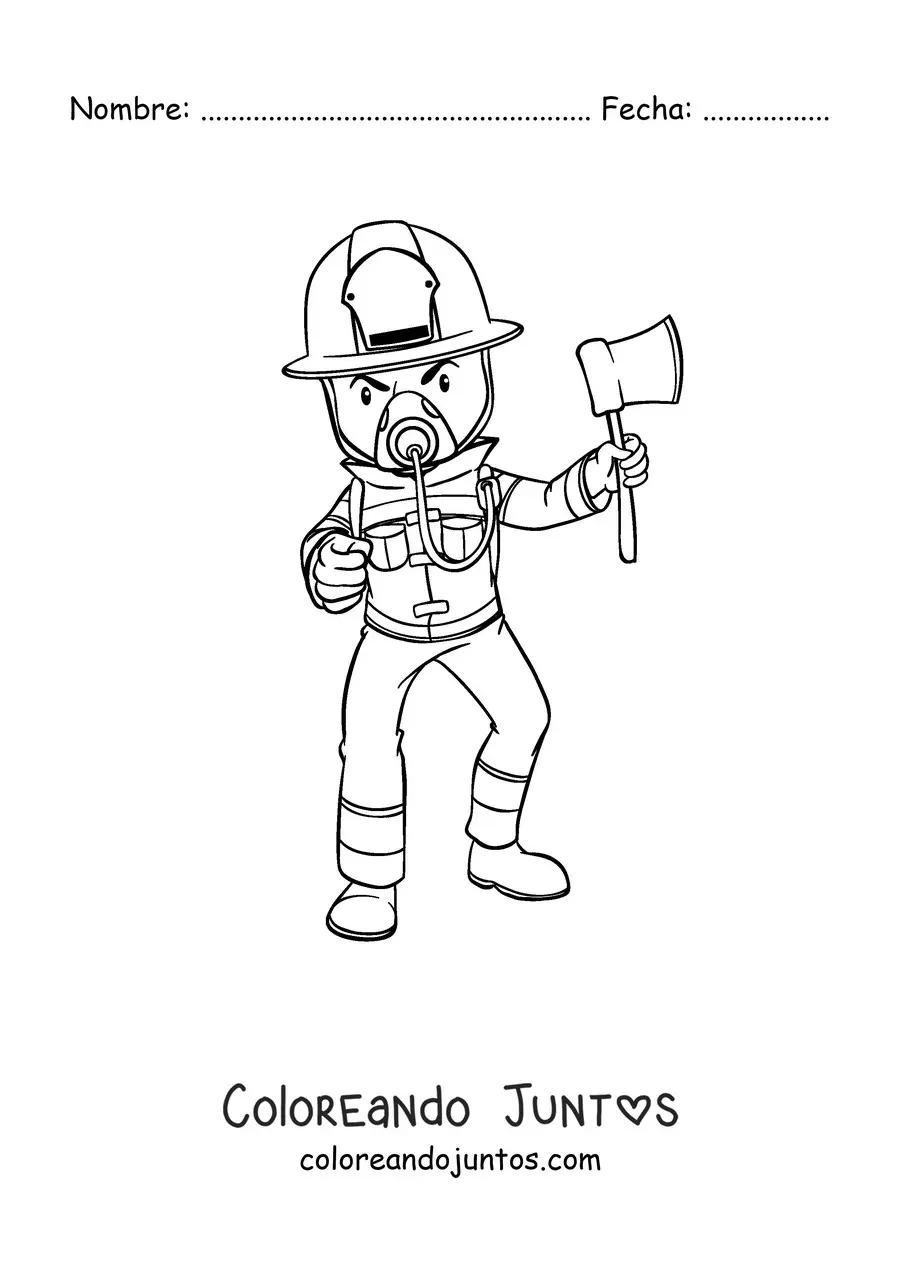 Imagen para colorear de un bombero con máscara protectora y un hacha
