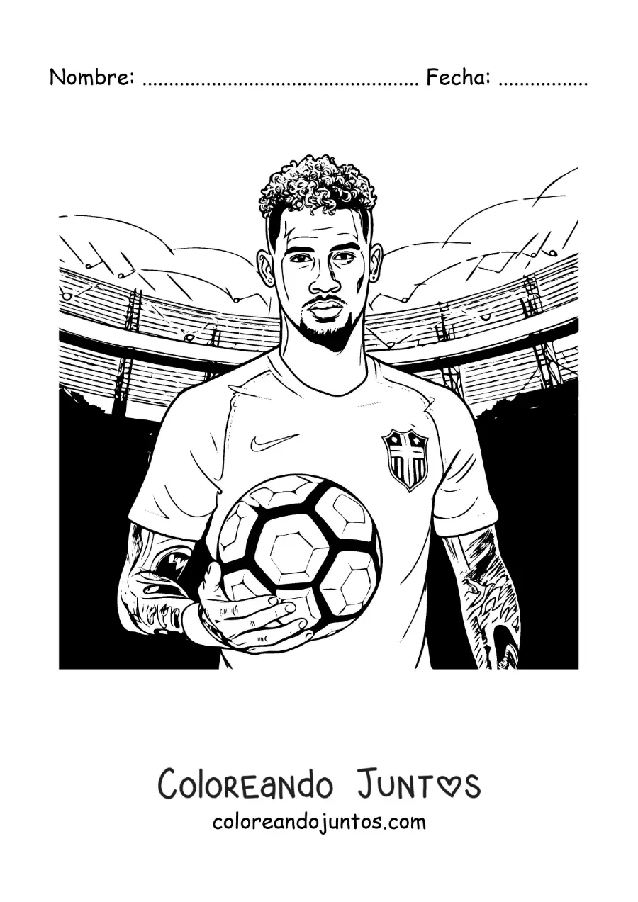 Imagen para colorear de Neymar en un estadio de fútbol sosteniendo un balón
