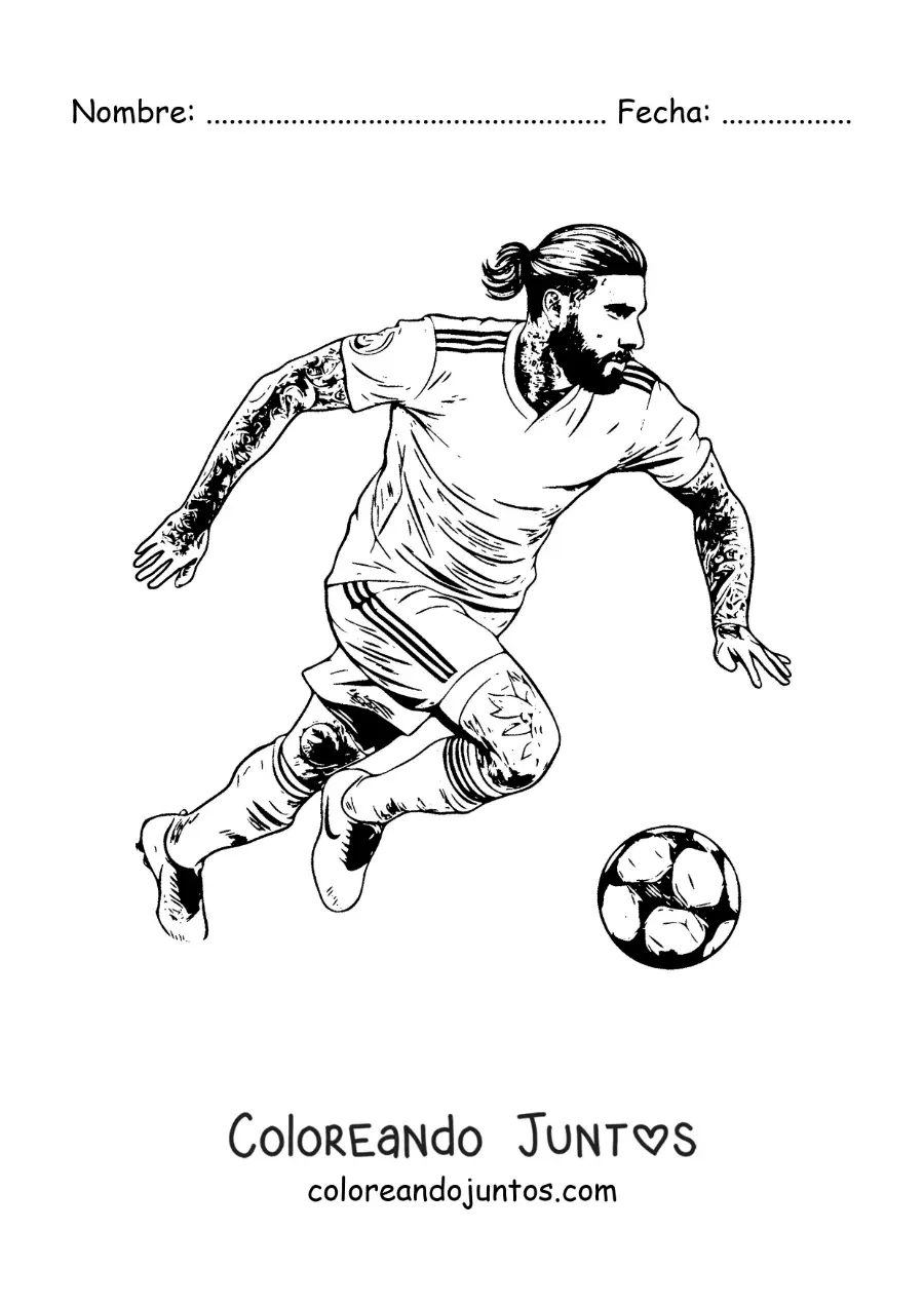 Imagen para colorear de Sergio Ramos con sus tatuajes jugando fútbol