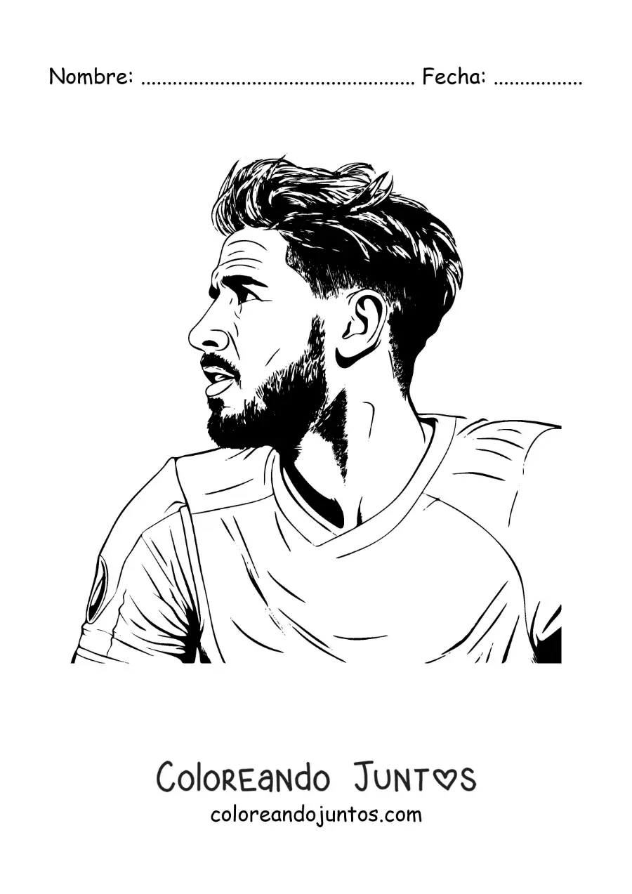 Imagen para colorear de retrato de Sergio Ramos de perfil realista