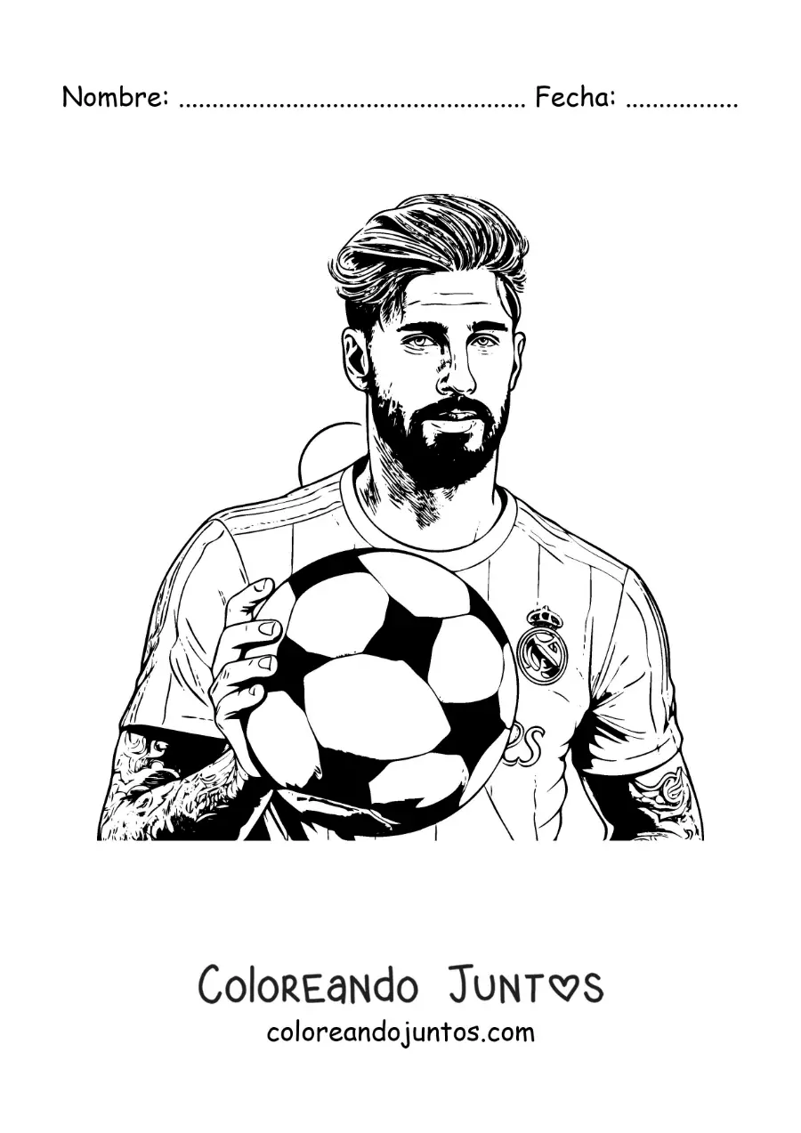 Imagen para colorear de retrato de Sergio Ramos con un balón de fútbol
