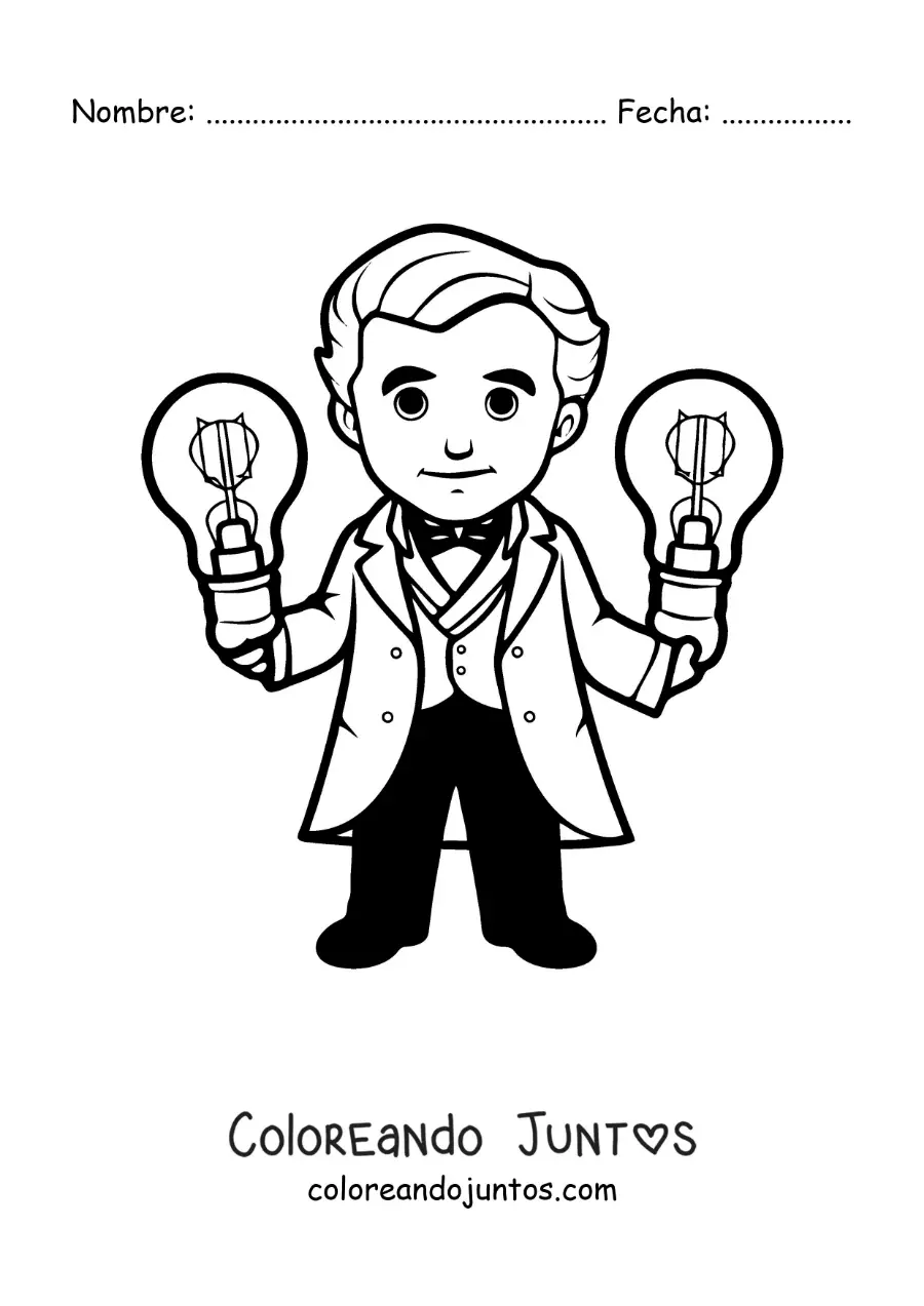 Imagen para colorear de Thomas Edison animado kawaii con dos bombillos