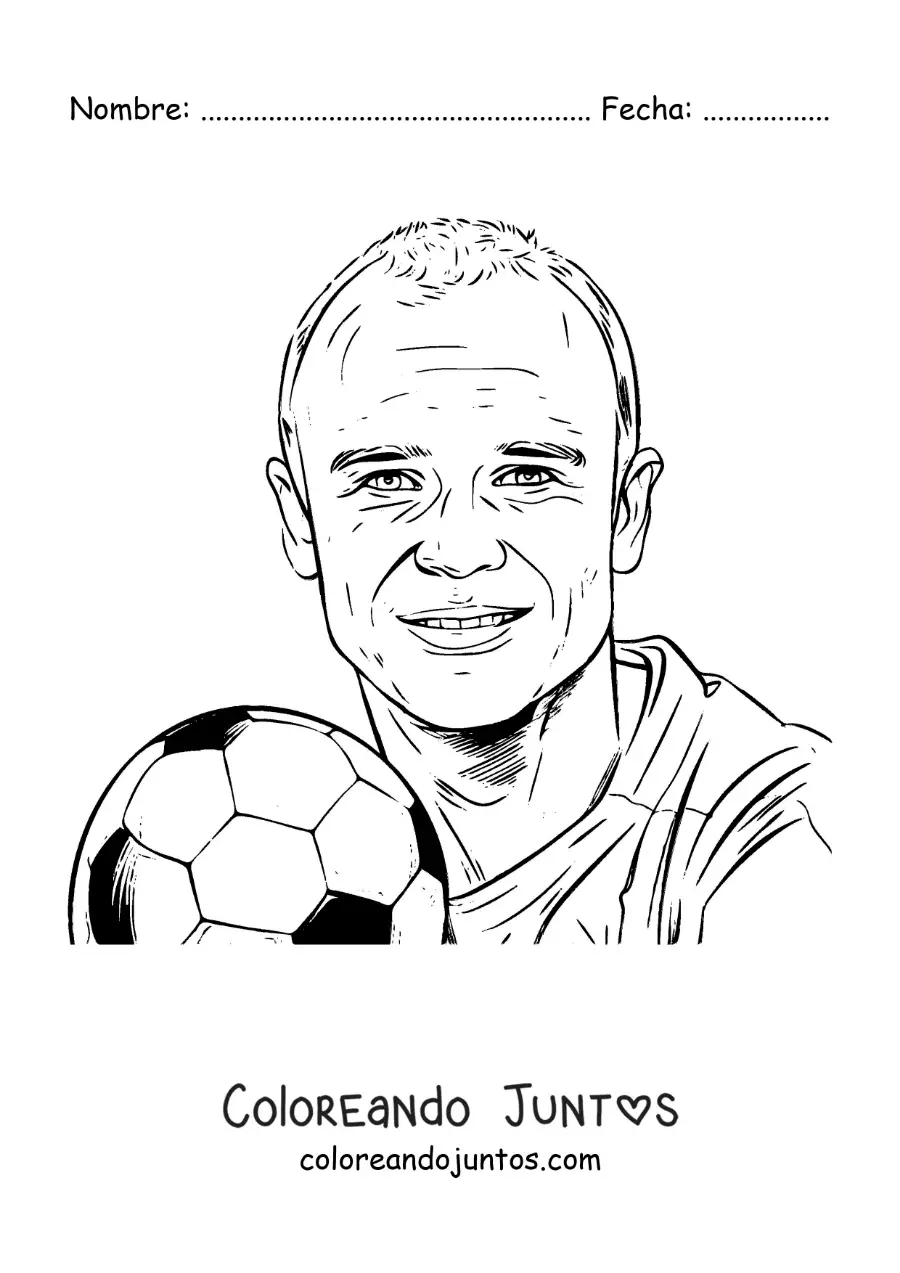Imagen para colorear de retrato de Andrés Iniesta con un balón de fútbol en estilo realista