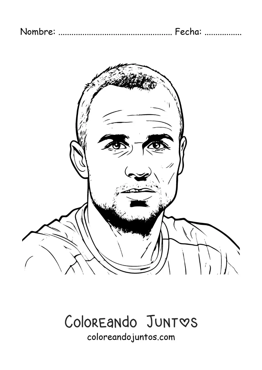 Imagen para colorear de retrato de Andrés Iniesta en estilo realista