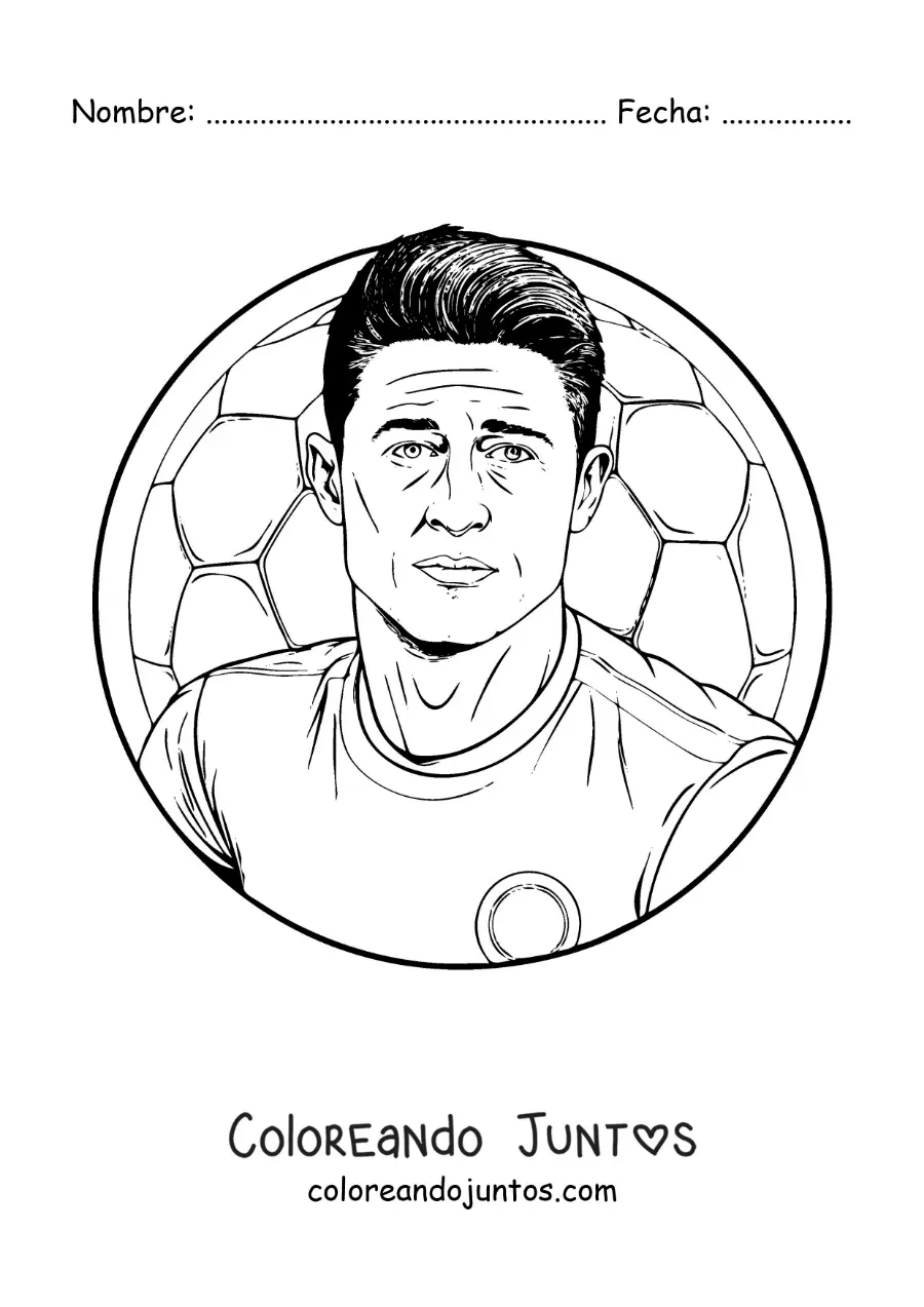 Imagen para colorear de retrato de Robert Lewandowski en estilo realista con un balón de fondo
