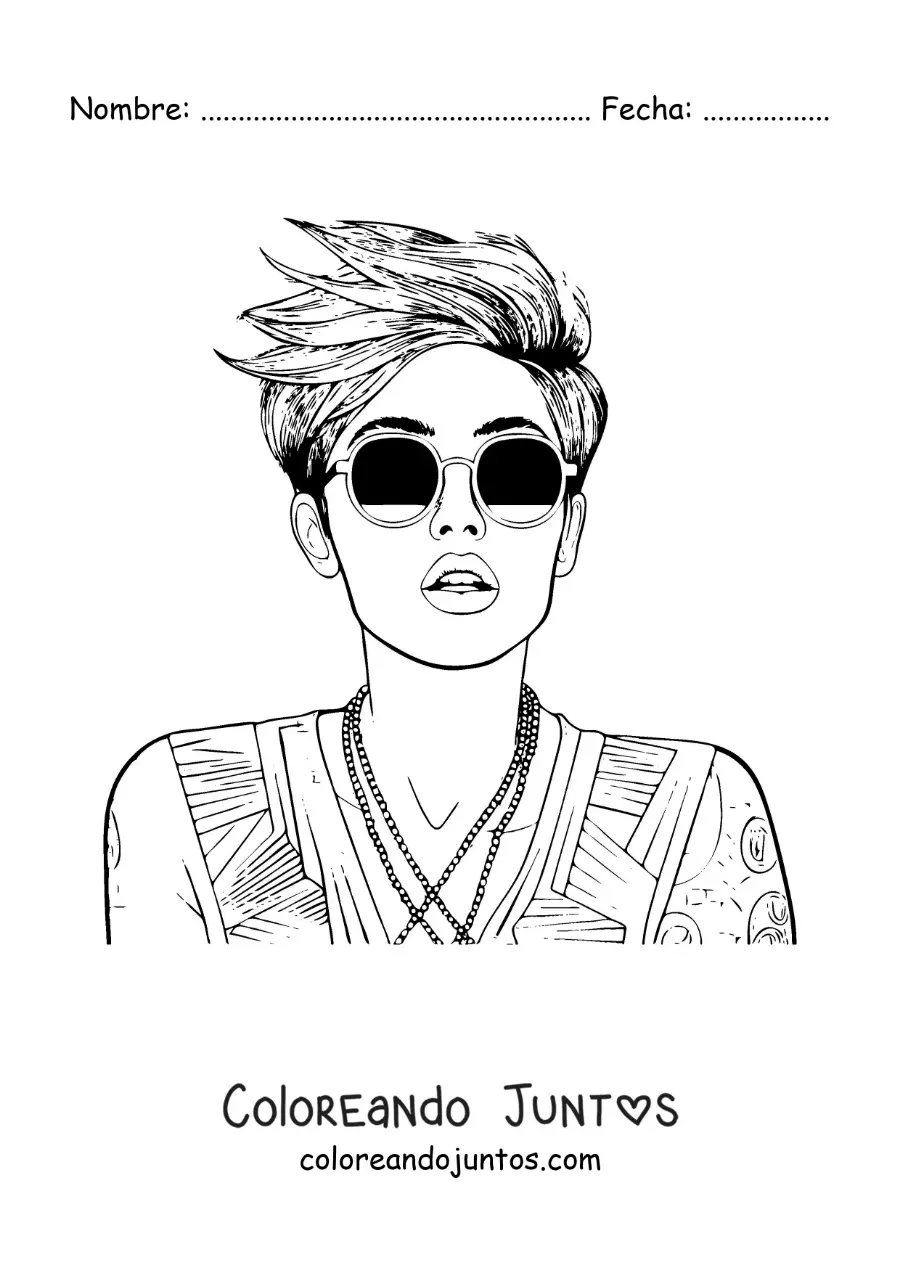 Imagen para colorear de Miley Cyrus animada con lentes de sol y cabello corto
