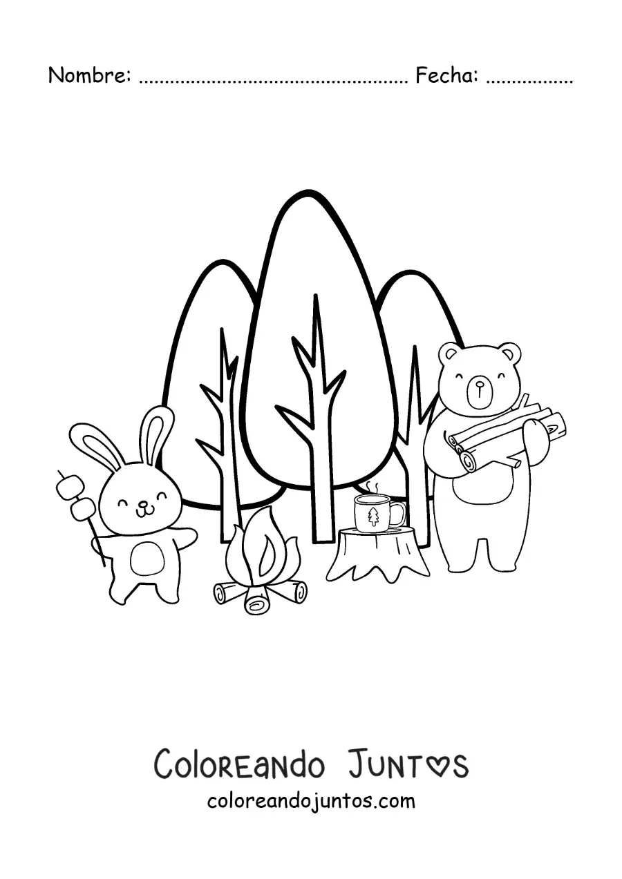 Imagen para colorear de animales animados en una fogata en el bosque