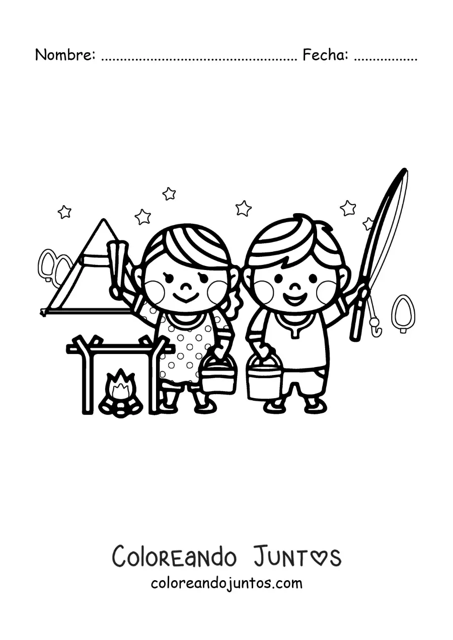 Imagen para colorear de una pareja kawaii en un campamento