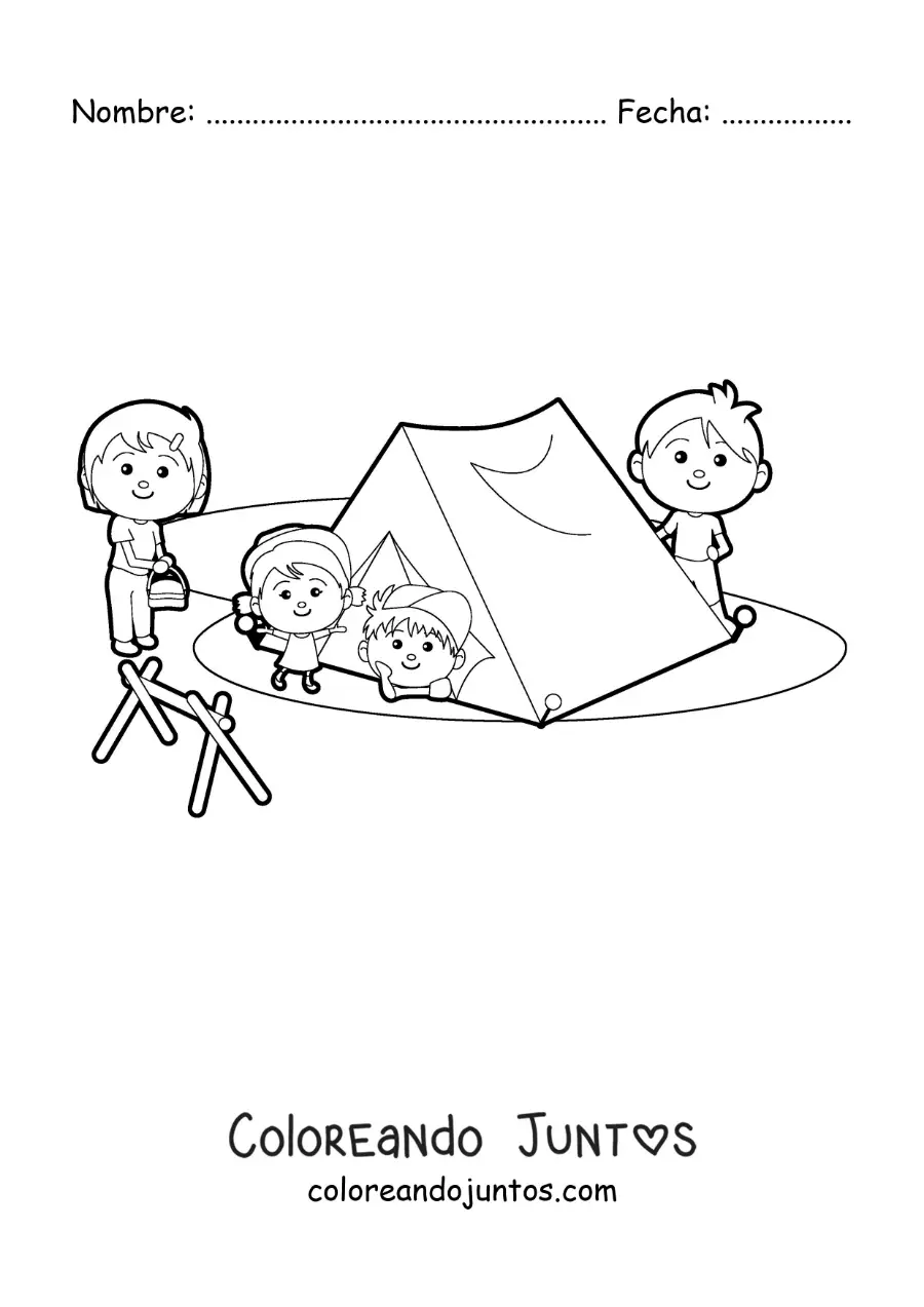 Imagen para colorear de una familia kawaii en un campamento