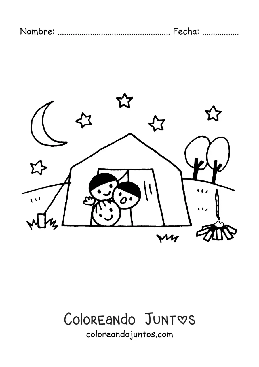 Imagen para colorear de niños en la carpa en un campamento