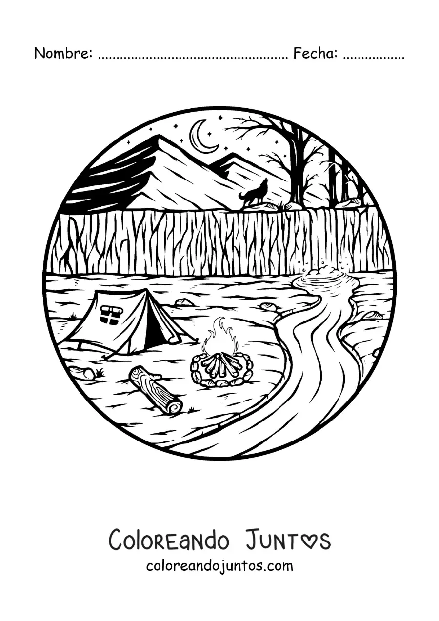 Imagen para colorear de un campamento junto al río