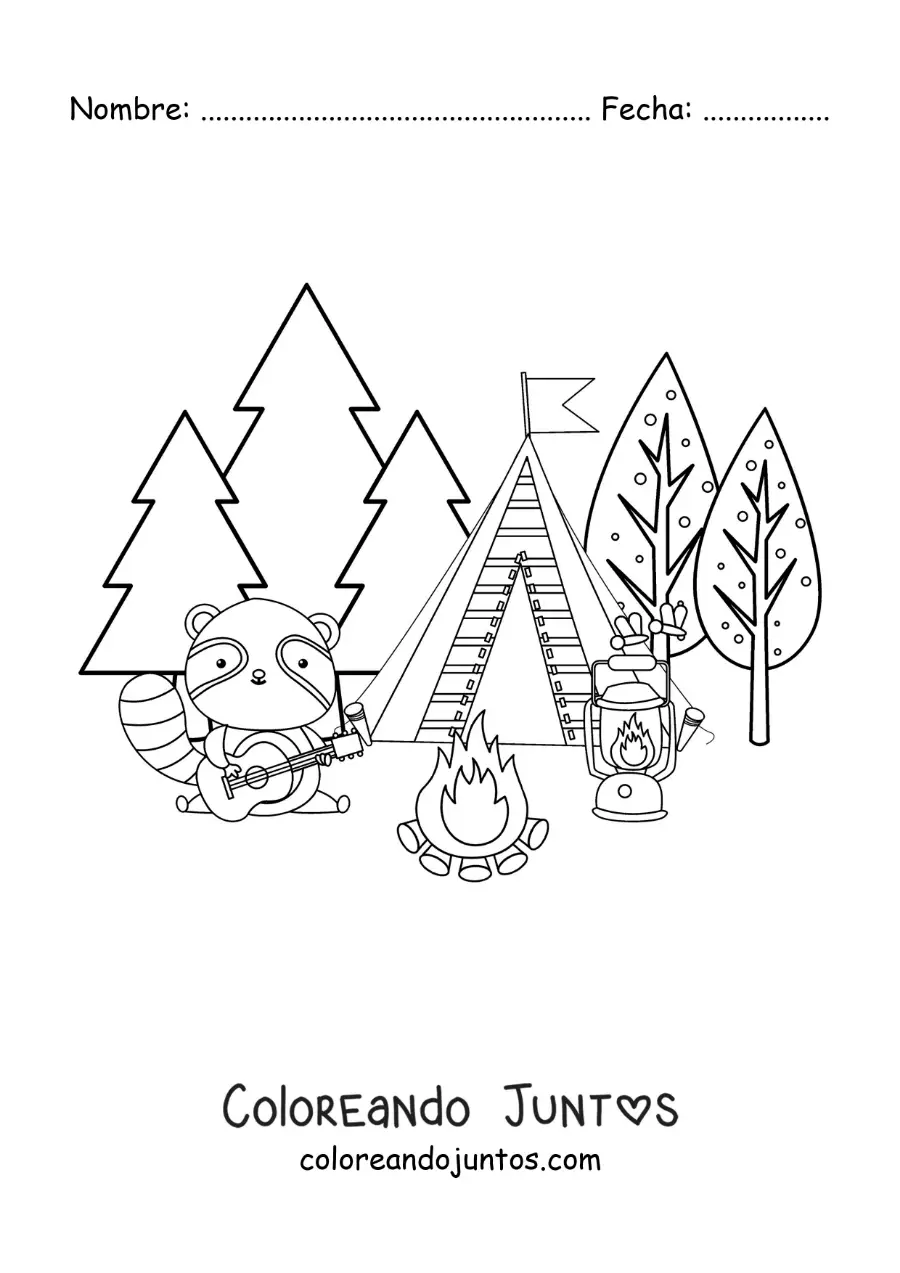 Imagen para colorear de un mapache animado acampando en el bosque