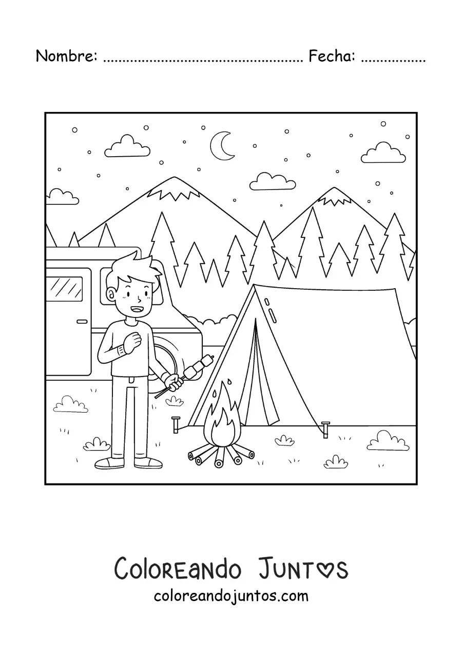 Imagen para colorear de un niño acampando comiendo malvaviscos junto a una fogata