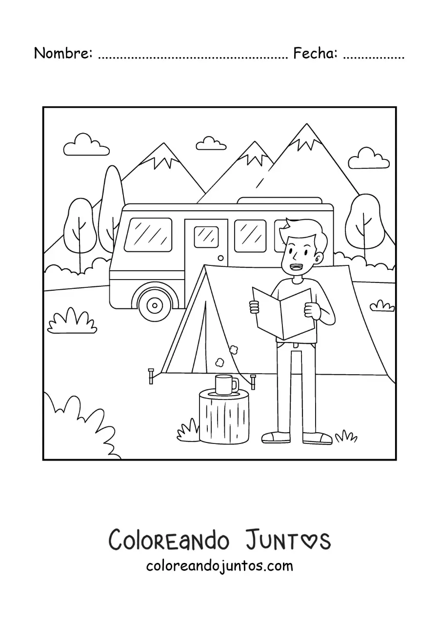 Imagen para colorear de un chico animado leyendo un mapa en un campamento