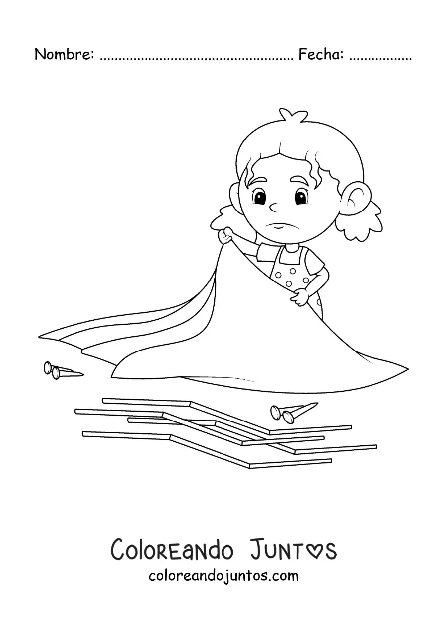 Imagen para colorear de una niña armando una carpa