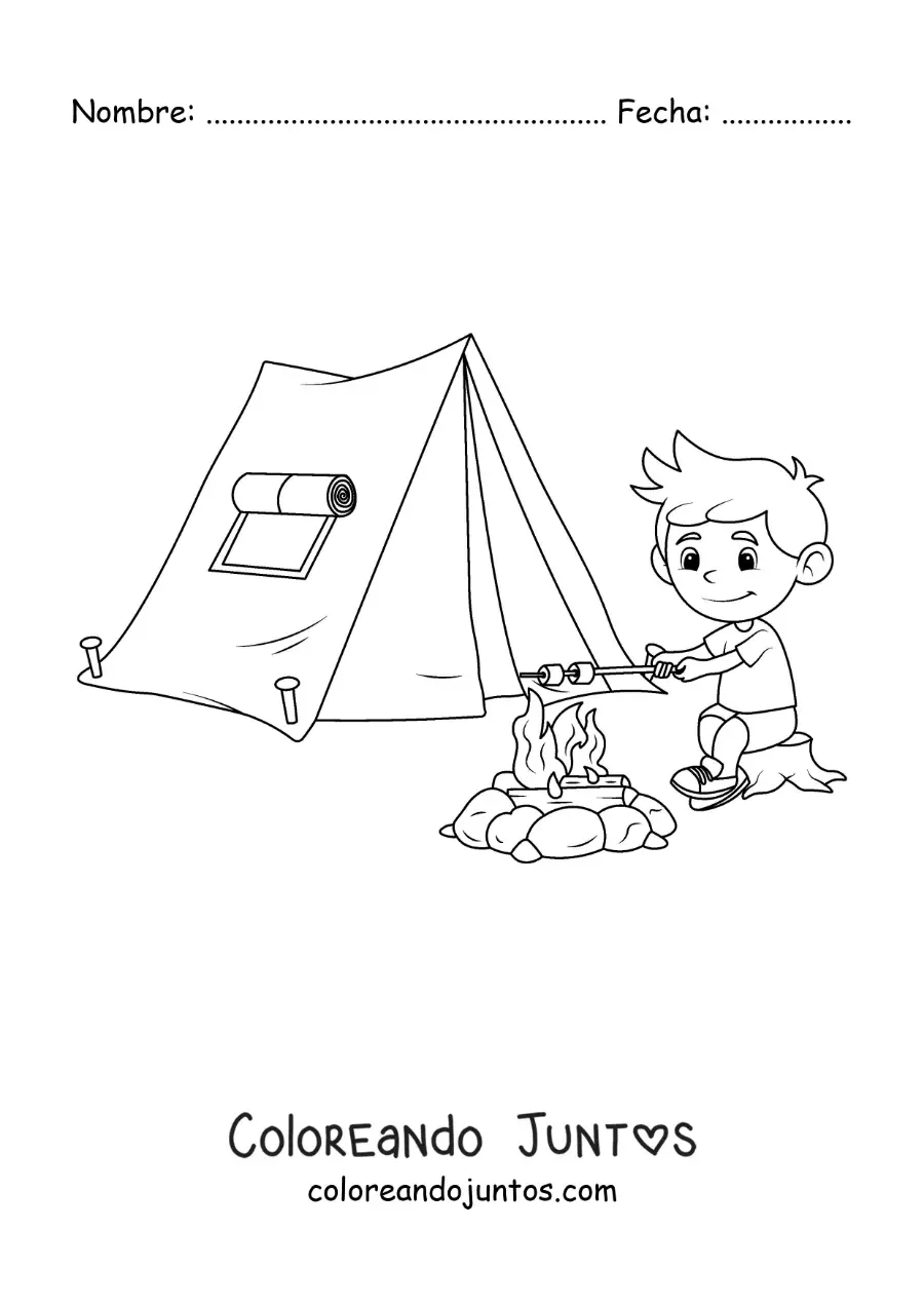Imagen para colorear de un niño asando malvaviscos junto a una carpa
