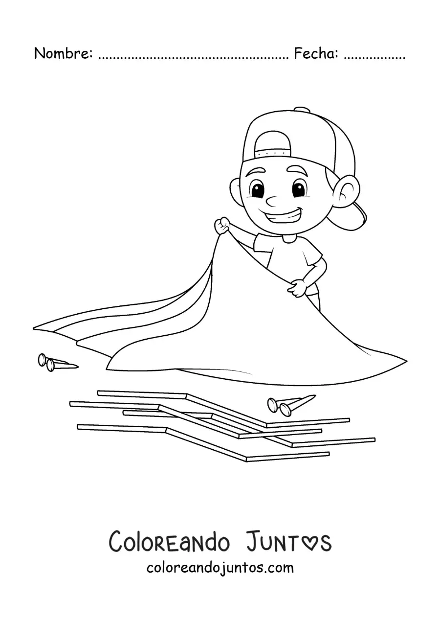Imagen para colorear de un niño armando una carpa