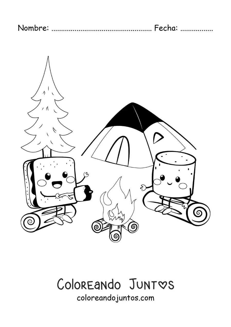 Imagen para colorear de dos malvaviscos kawaii animados en un campamento
