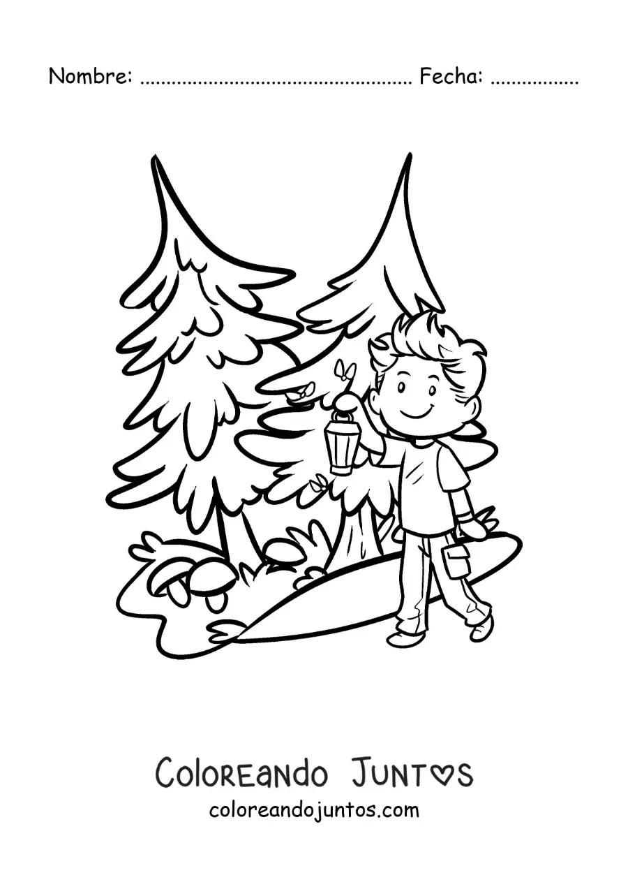 Imagen para colorear de un niño con una linterna en el bosque en una excursión