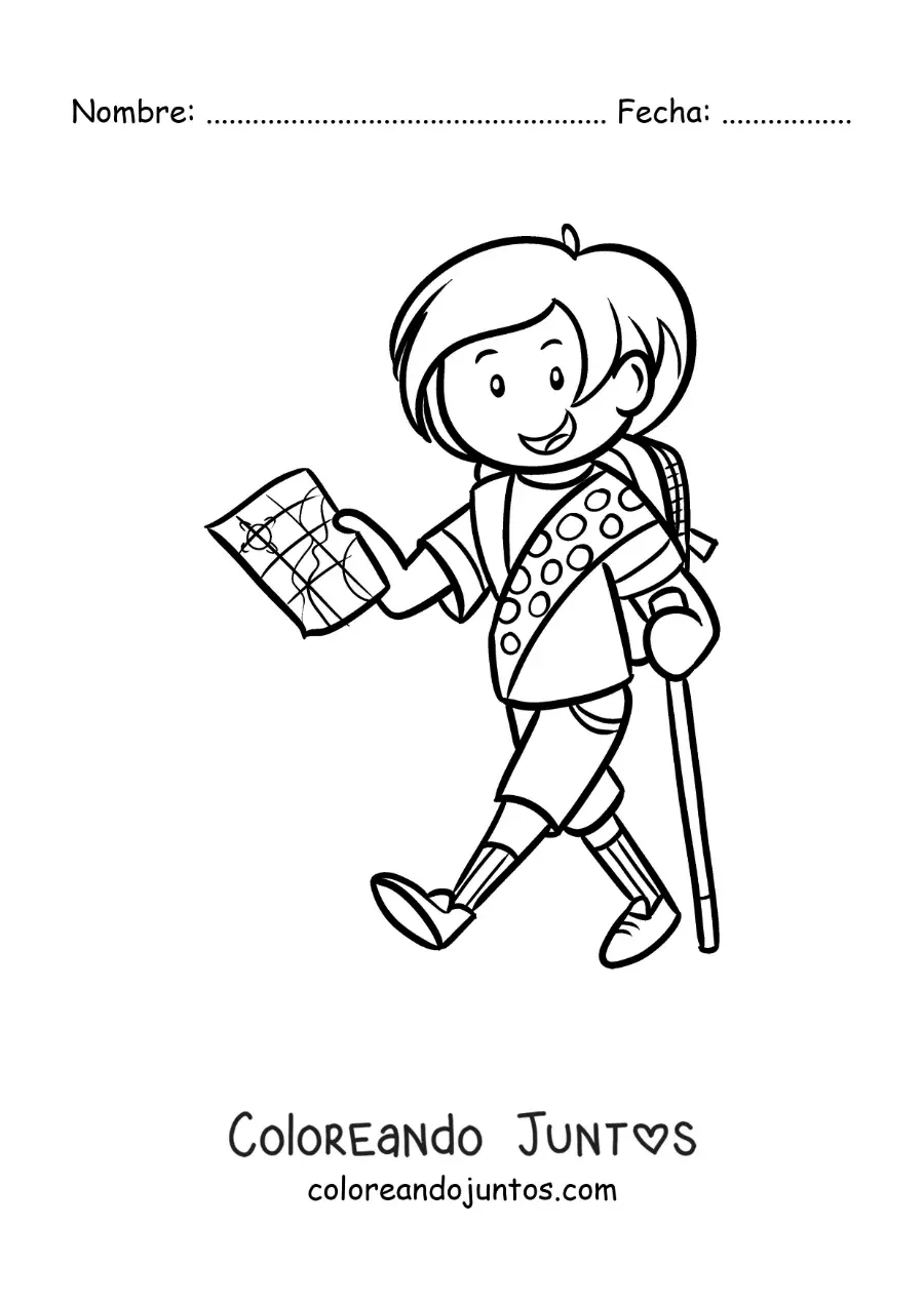 Imagen para colorear de una niña exploradora caminando con un mapa en una excursión