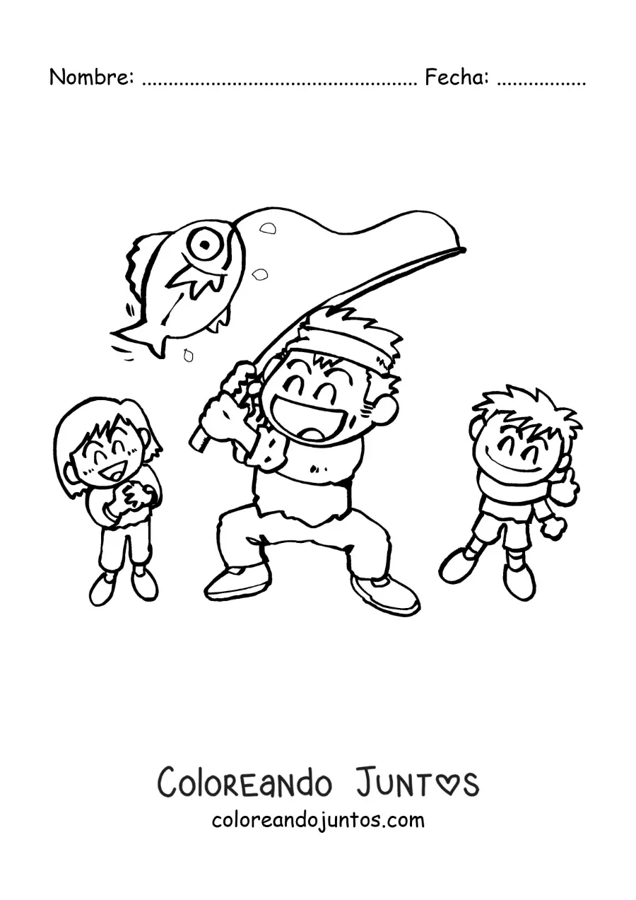 Imagen para colorear de un padre y sus hijos pescando un pez