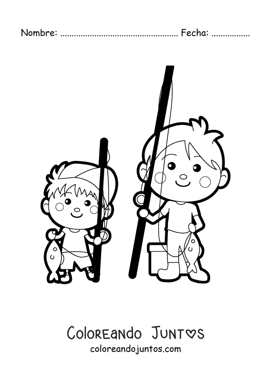 Imagen para colorear de un padre kawaii pescando con su hijo