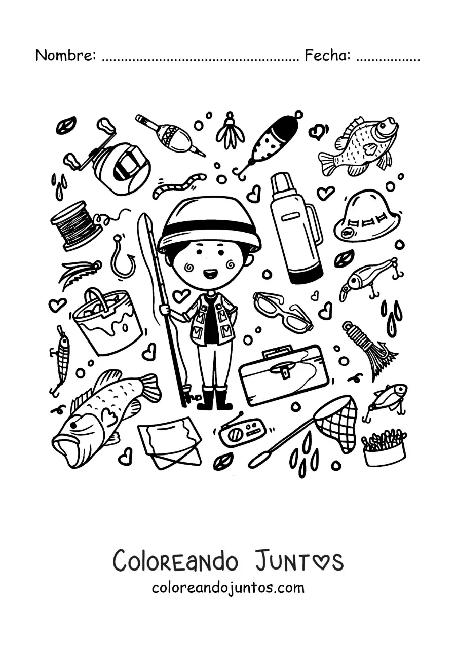 Imagen para colorear de un pescador animado con instrumentos de pesca