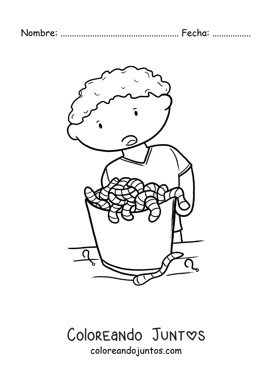 Imagen para colorear de un niño junto a un balde de carnada para pesca