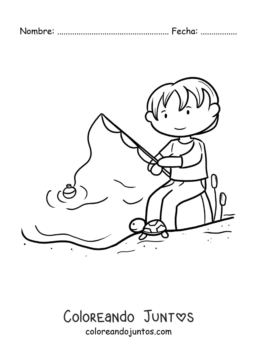 Imagen para colorear de un niño pescando con caña en un lago