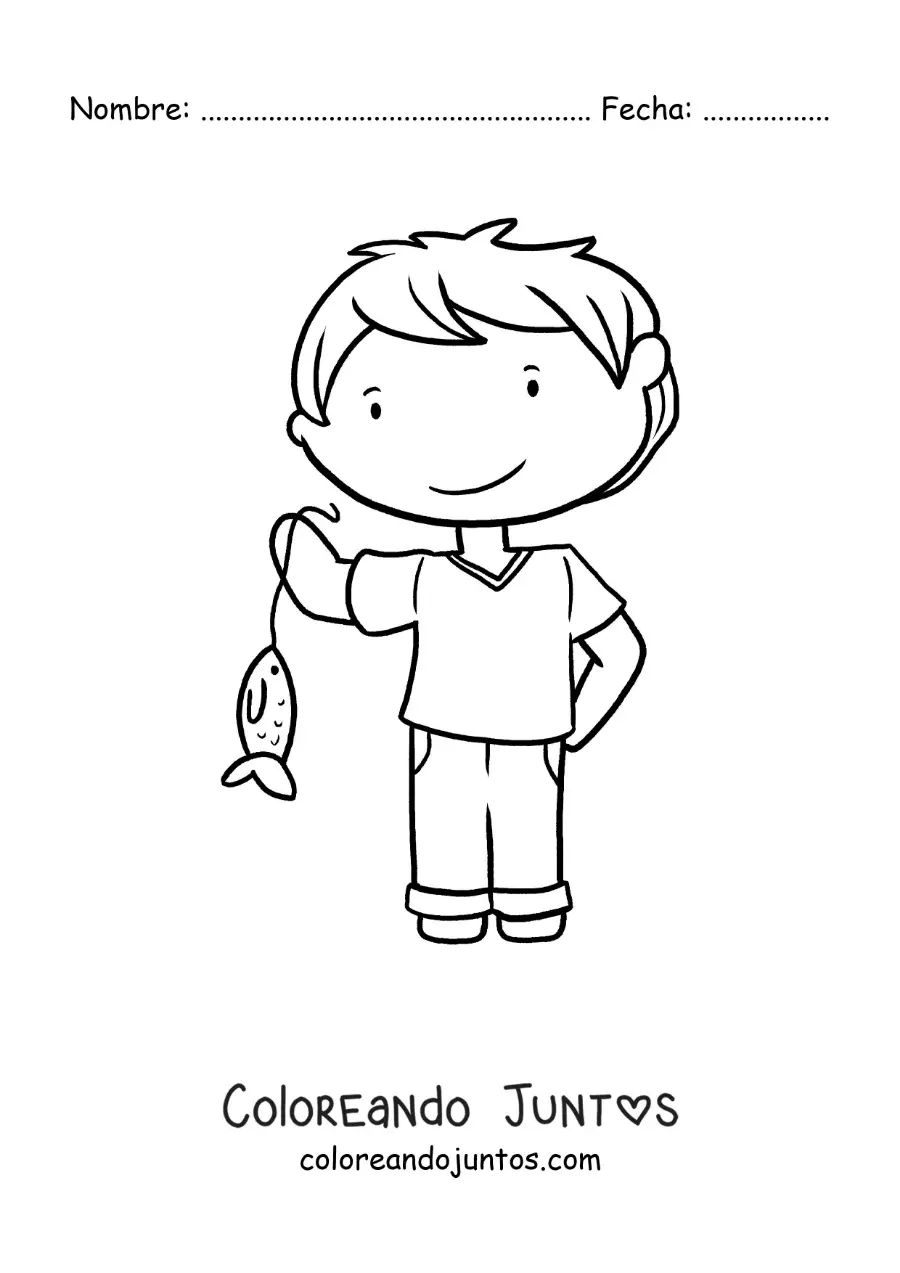 Imagen para colorear de un niño con un pez que pescó