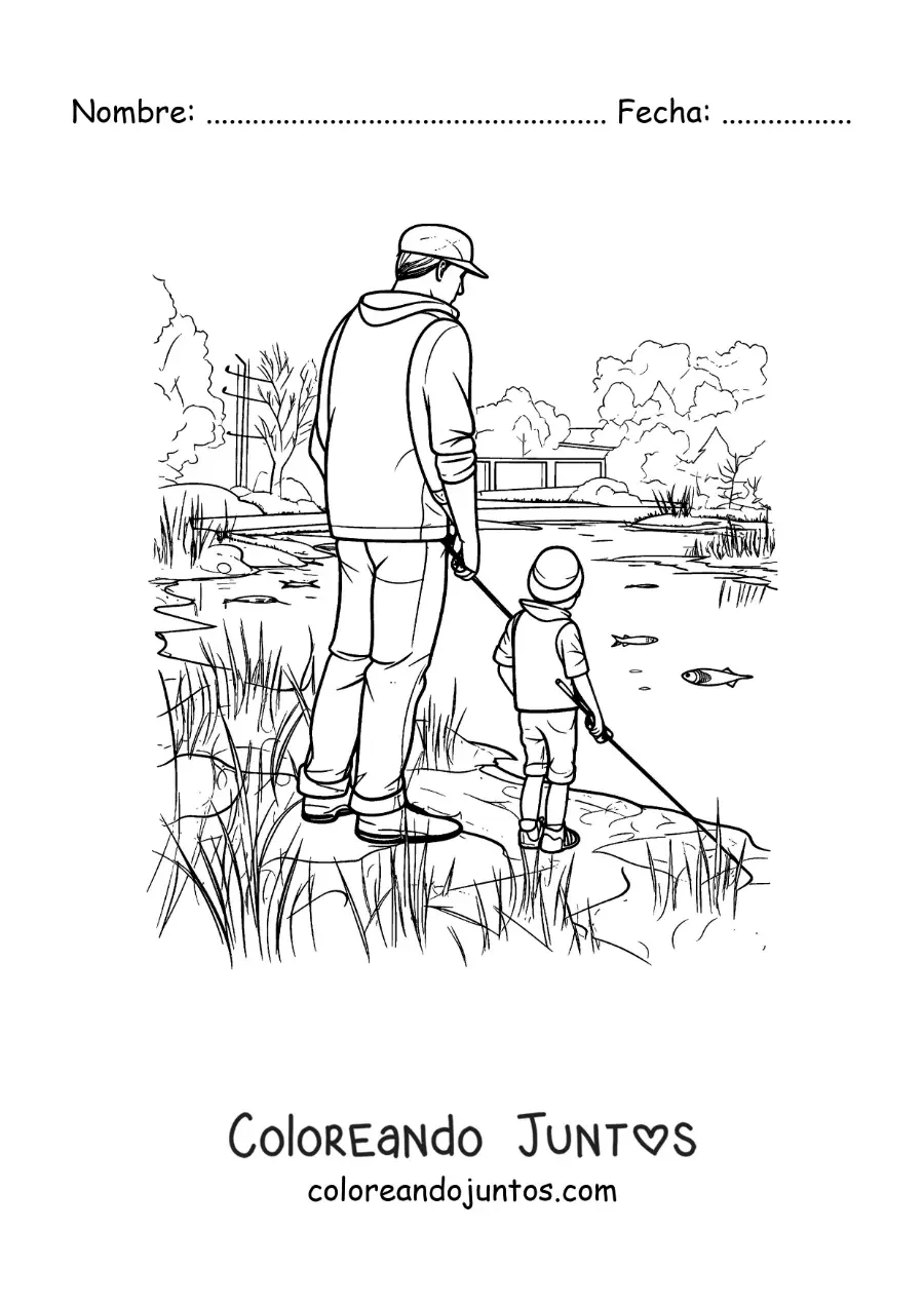 Imagen para colorear de un padre y su hijo pescando en un lago en estilo realista