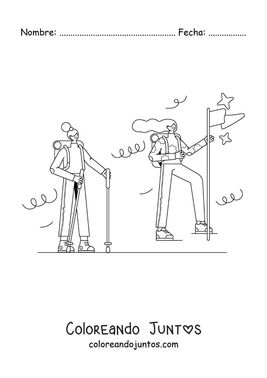 Imagen para colorear de dos chicas haciendo senderismo