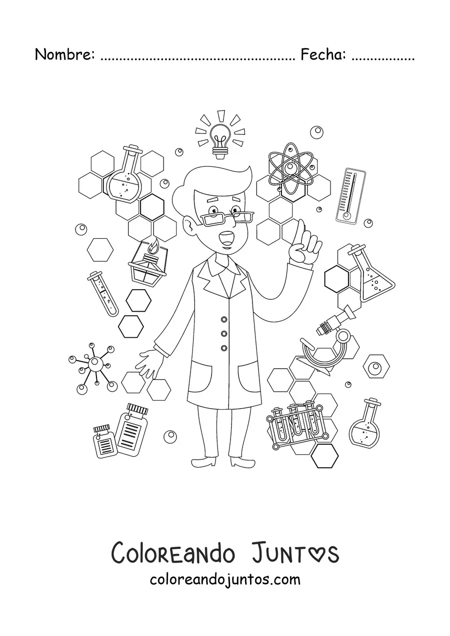Imagen para colorear de un científico animado rodeado de instrumentos científicos