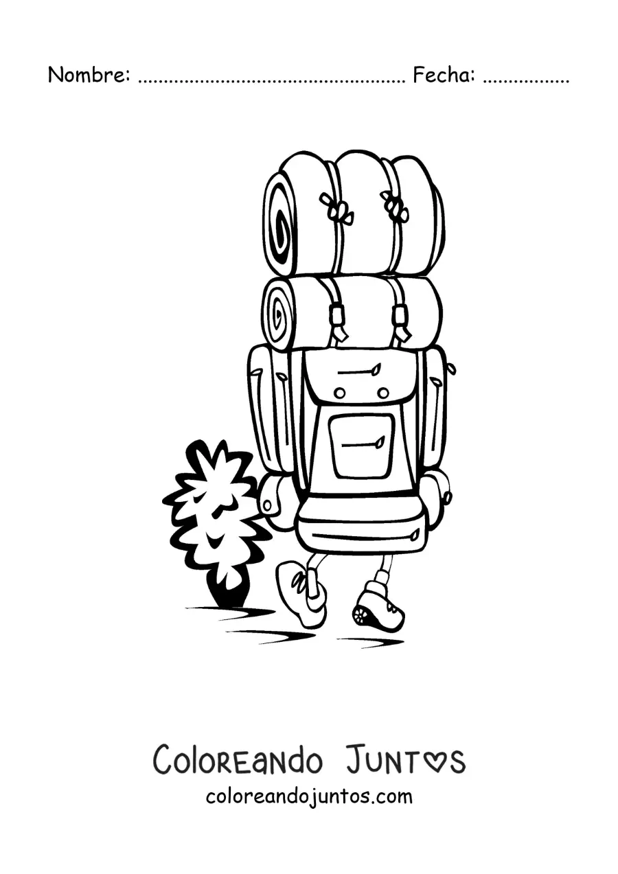 Imagen para colorear de un excursionista caminando con una mochila para acampar