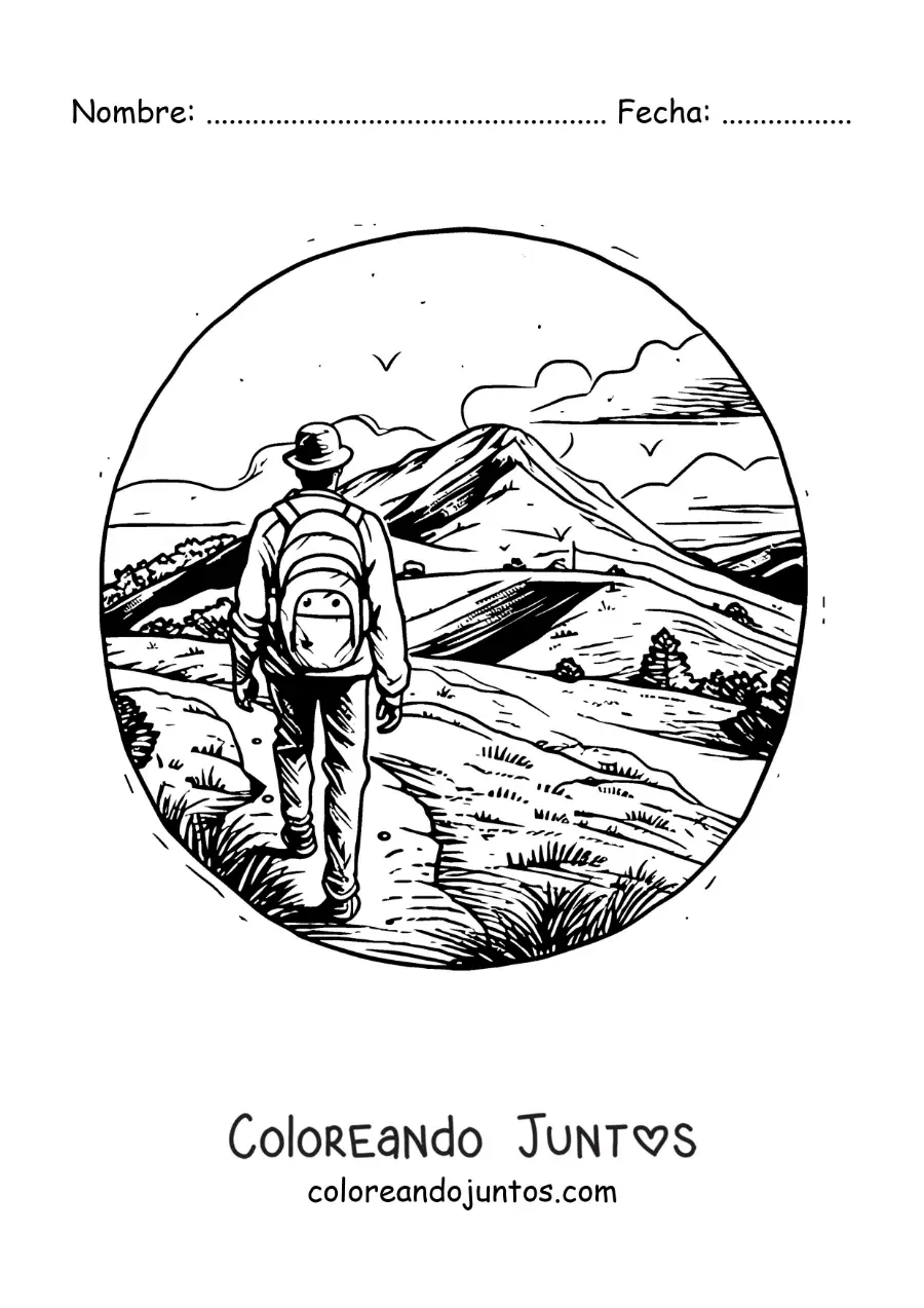 Imagen para colorear de un caminante de aventura en las montañas