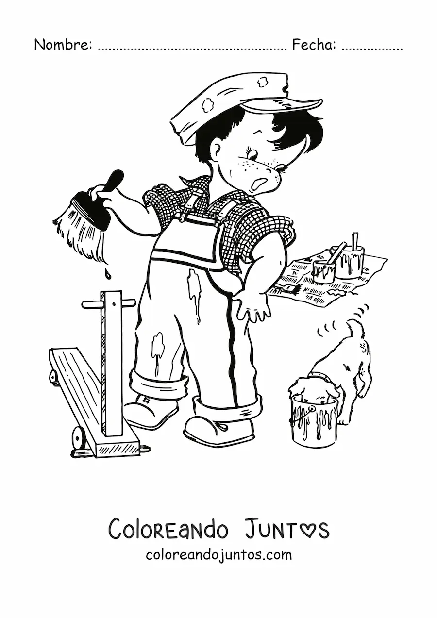 Imagen para colorear de un niño asustado con una brocha junto a un cachorro comiendo pintura