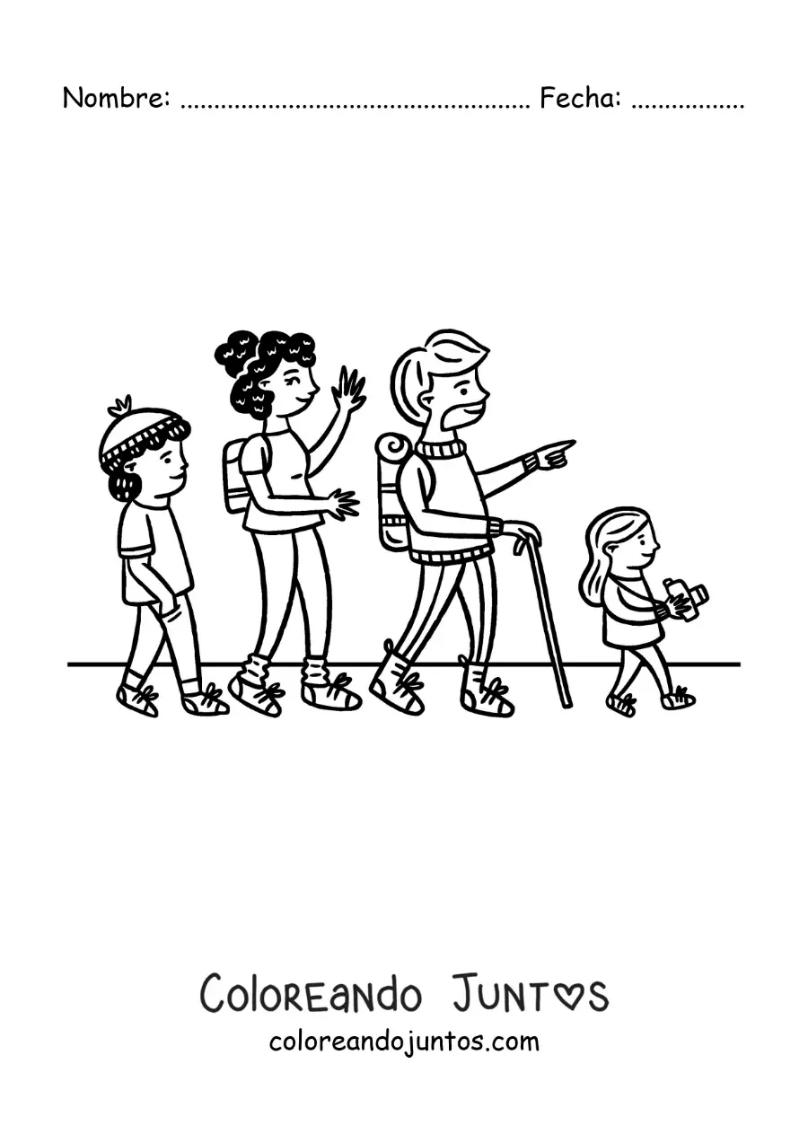 Imagen para colorear de una familia de excursión caminando