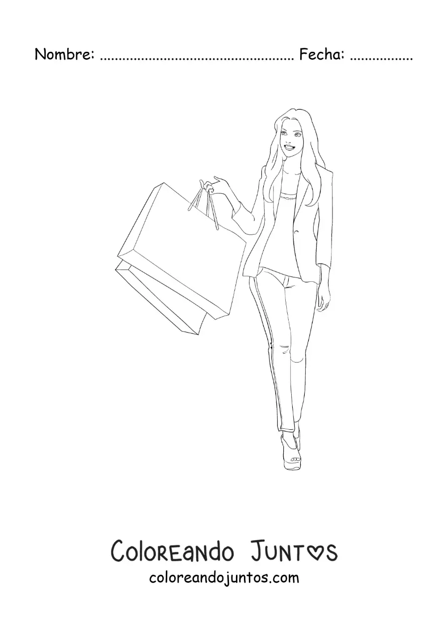 Imagen para colorear de una linda chica de compras