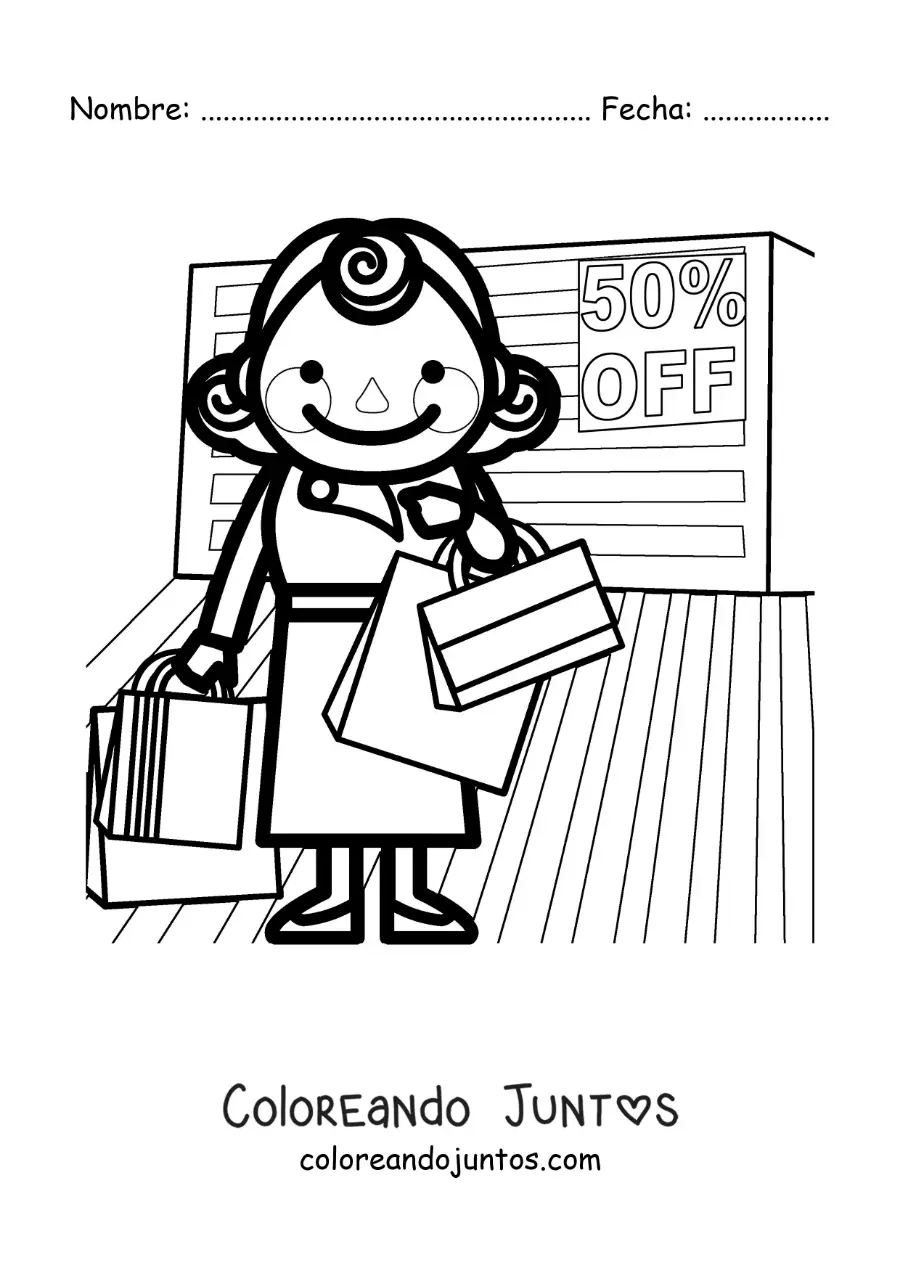 Imagen para colorear de una mujer de compras en una tienda con rebajas a mitad de precio
